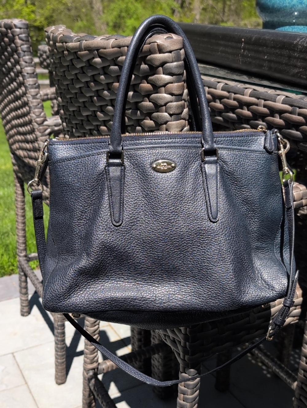Coach Navy Pebbled Leather Tote With Removable Shoulder Strap